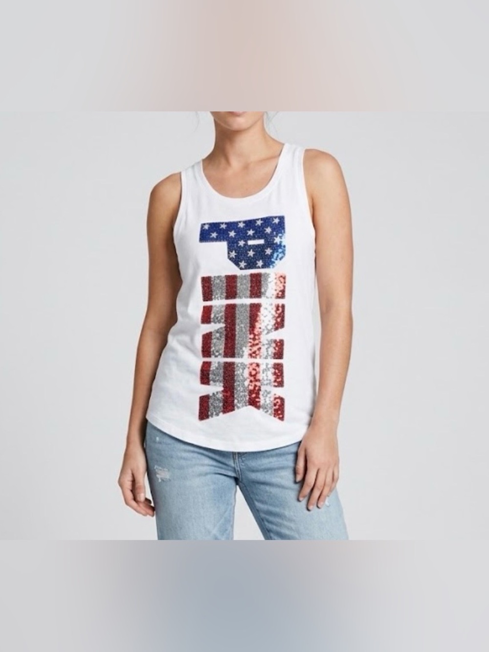Victoria's Secret PINK Sequin American Flag Tank Top Womens Size M White USA